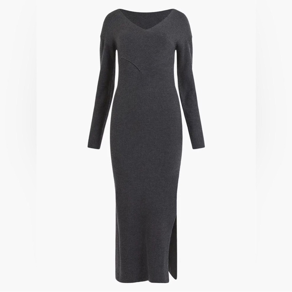 French Connection Lydia long sleeve Bardot midi wool mix stretch bodycon dress 4